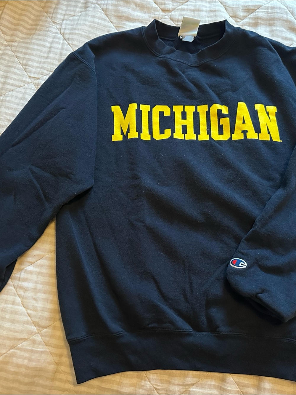 Champion Navy Crewneck Sweatshirt with Yellow Michigan Logo